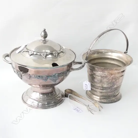 SILVER PLATE TUREEN (DIA. 200MM) ICE BUCKET (DIA. 155MM) & TONGS