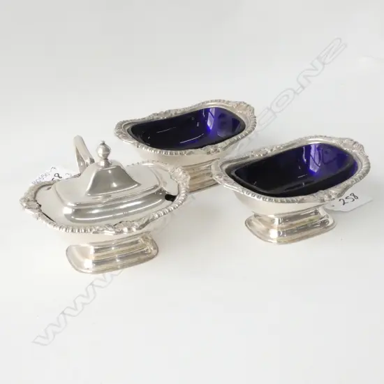 THREE PC STG SILVER CRUET SET. BLUE GLASS LINERS. LONDON 1930  369GMS