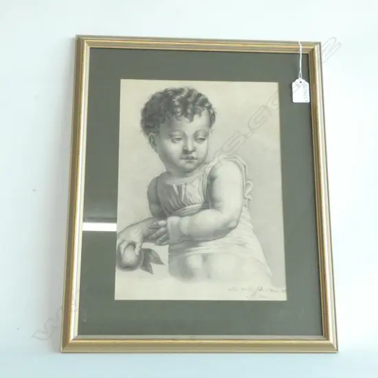 ORIGINAL 19thC DRAWING BOY W FRUIT SIGNED