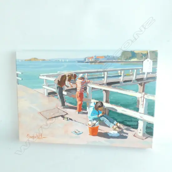 SIMON WILLIAMS 'FISHING, ORAKEI WHARF' OIL 275 X 405MM