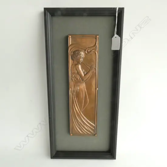SIGNED FRAMED ART NOUVEAU COPPER PLAQUE 275 X 75MM