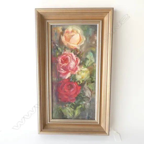 A.HUTTON, ROSES, OIL ON CANVAS, SIGNED & DATED, 390 X 180MM