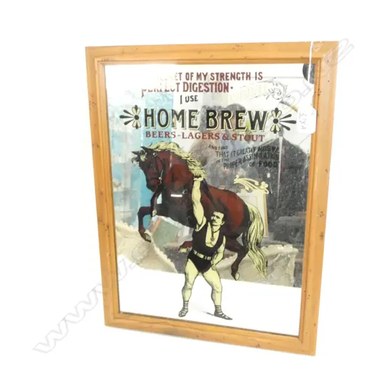 FRAMED BAR MIRROR, "HOME BREW' W. 380 X 280MM