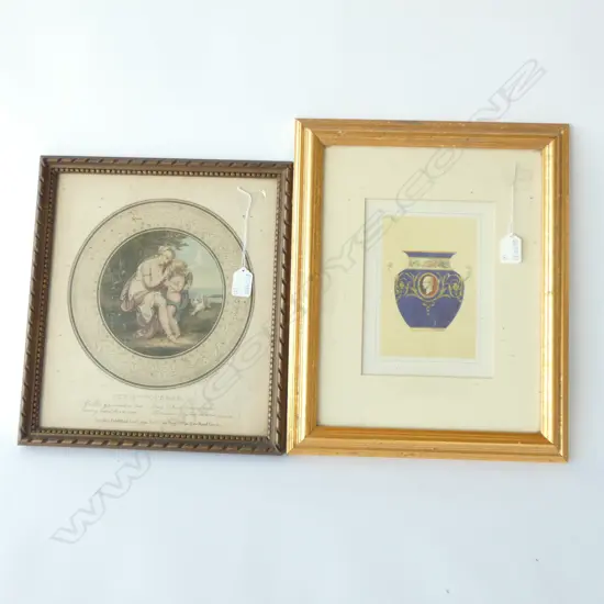 FRAMED PRINT OF A CLASSICAL URN + CUPID WOUNDED COLOURED ENGRAVING  330 X 270 MM