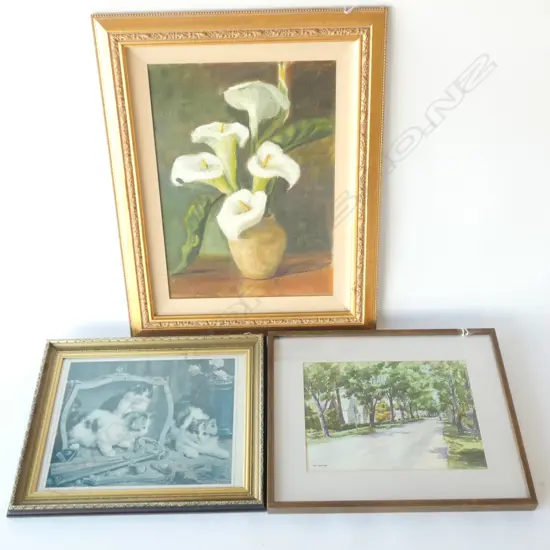 3 FRAMED PAINTINGS; OIL ON BOARD, ( 490 X 355MM), WATER COLUR & ONE VTG CAT PRINT.