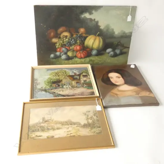 4 ARTWORKS; OIL STILL LIFE, EMBROIDERY, PRINT, GIRL OIL