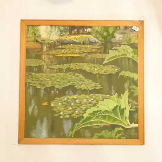 ARDELL ARMSTRONG (AUST. 1918 - 2019) 'THE LILY POOL - HOBART BOTANICAL GARDENS' OIL ON CANVAS 1976 600MM SQ