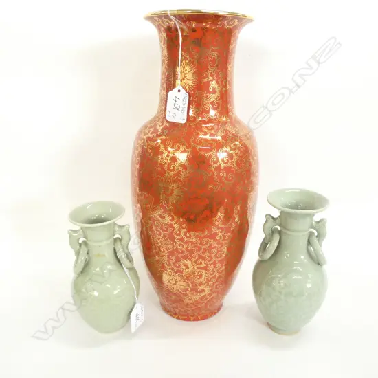 PAIR CELADON STYLE VASES (H.165M) & LGE ORANGE & GOLD ORIENTAL VASE (H.370MM)