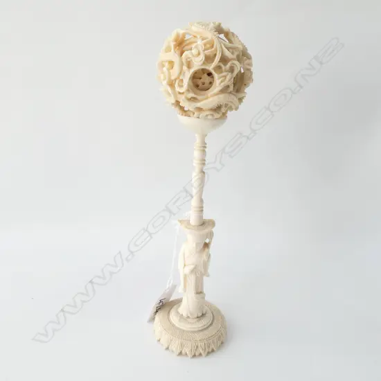 OLD CHINESE CARVED IVORY PUZZLE BALL ON STAND H.210