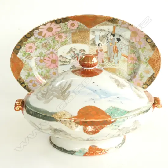 EARLY 20thC JAPANESE LIDDED TUREEN & PLATE L. 395MM