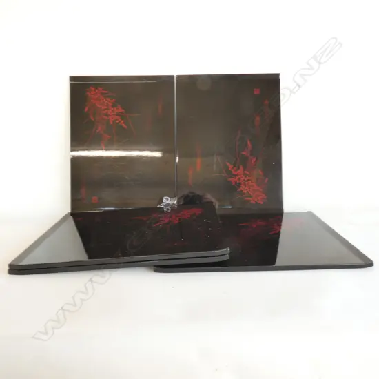 FIVE ORIENTAL BLACK & RED LACQUER TRAYS, 380 X 280MM