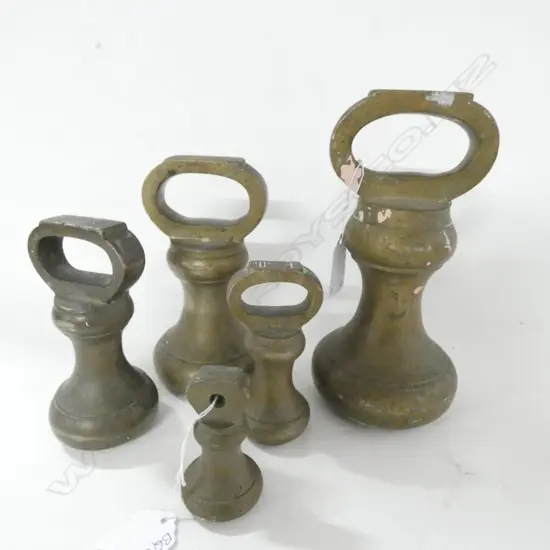 FIVE BELL SHAPED BRASS WEIGHTS; 8OZ - 7LB