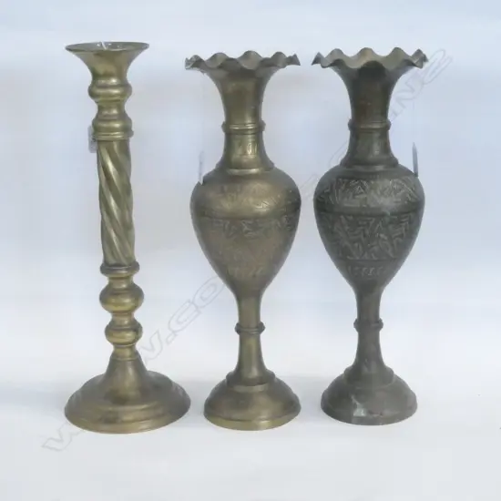 LGE BRASS CANDLE HOLDER (410MM) & TWO VASES (H. 400MM)