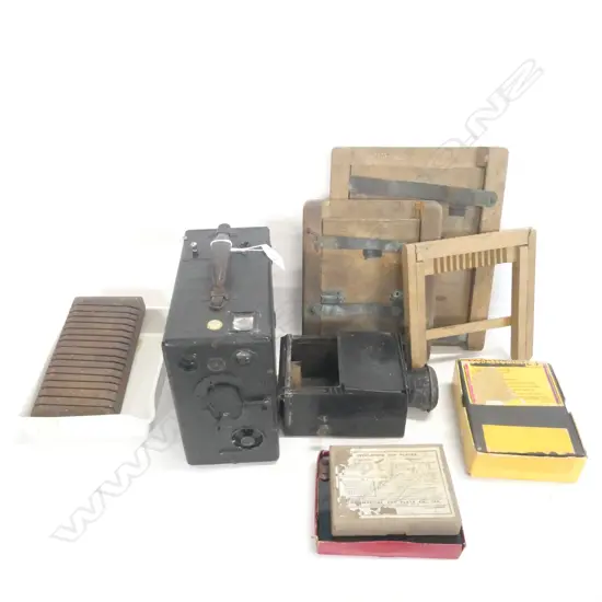 MIDG QUARTER PLATE BOX CAMERA + ACCESSORIES PLATES ETC