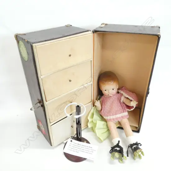 VINTAGE AMERICAN DOLL ON SKATES WITH SUITCASE WARDROBE ETC