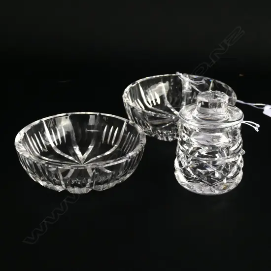 WATERFORD CRYSTAL SM. HONEY POT (H. 75MM) 1 BUTTER &  1 JAM DISH (DIA 85MM)