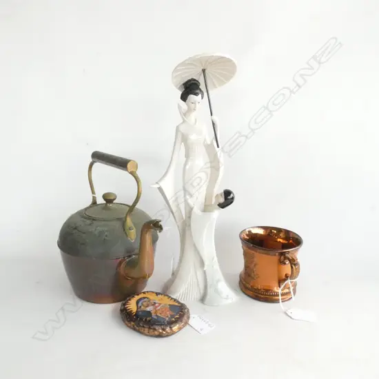 COPPER LUSTRE MUG (H. 85MM) JAPANESE LADY & GIRL H. 330MM, MADONNA STONE & OLD COPPER KETTLE H. 230MM