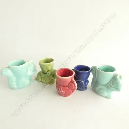 FIVE CROWN LYNN EGG CUPS - 2 AQUA SQUIRRELS,  PINK CHICKEN,  GREEN FROG & BLUE RABBIT