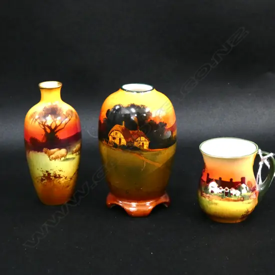 3 ROYAL DOULTON MINIATURES SUNSET SERIES. 2 VASES 1 JUG 