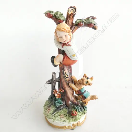 CAPODIMONTE BOY IN TREE CHASED BY DOG. H. 175MM