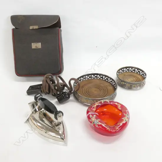 VENETIAN GLASS ASHTRAY, 2 EP WINE COASTERS, 30S TRAVELLING IRON