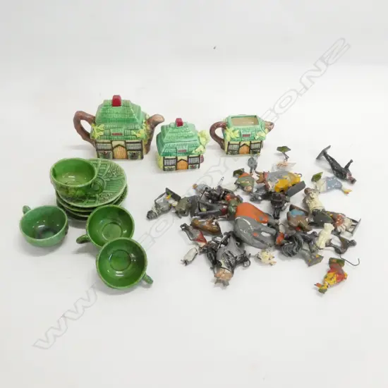 BOX CHILDS GREEN CHINA TEA SET + BRITIANS LEAD FIGURES
