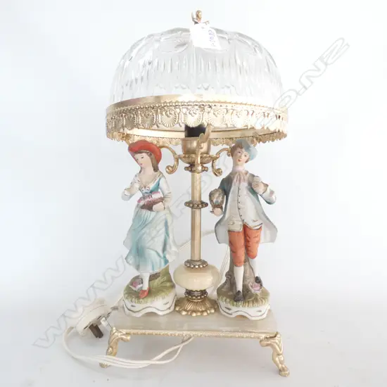 	COUPLE FIGURED TABLE LAMP GILT FITTINGS GLASS SHADE H.380mm