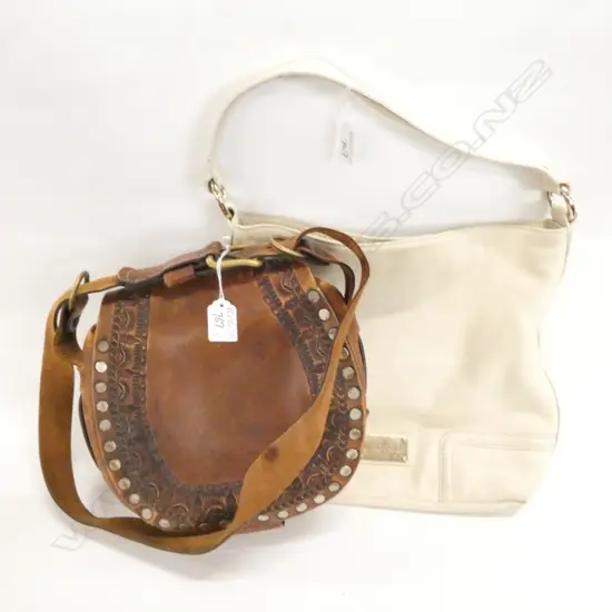 WHITE LEATHER OROTON HAND BAG + TOOLED LEATHER BAG 