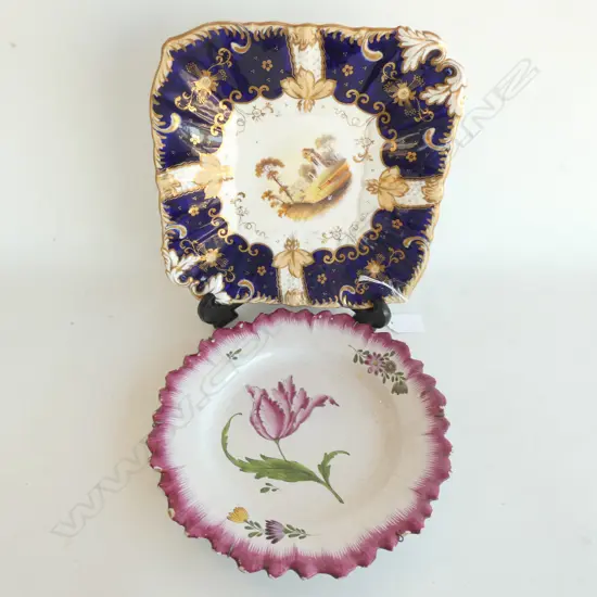2 ANTIQUE PLATES; 1 PINK RIM WITH FLOWERS (DIA 230MM), 1 COBALT & GOLD SQ. PLATE W. 235MM