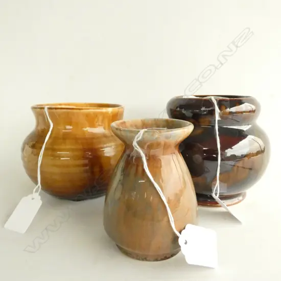 CROWN LYNN THREE TRICKLE GLAZE VASES - LARGEST H. 120MM
