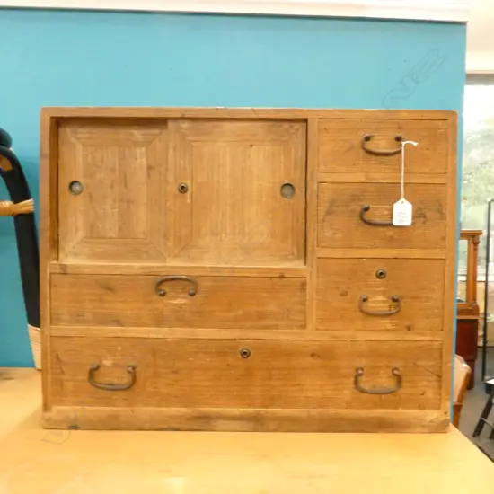 VINTAGE JAPANESE SMALL PALE WOOD CHEST H. 460MM W. 590MM