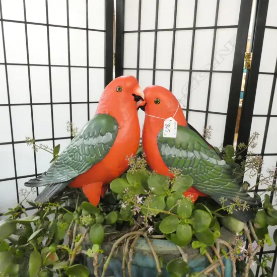 PAIR OF HAND CRAFTED PAINTED CORRUGATED IRON PARROTS