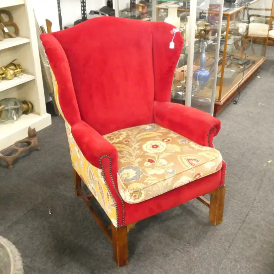 RED UPHOLSTERED WING BACK ARM CHAIR 