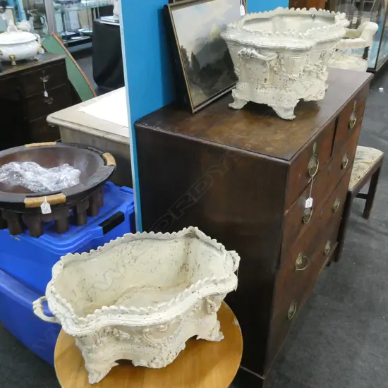 PAIR CAST IRON GARDEN PLANTERS RUSTED WHITE FINISH