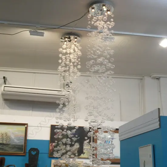 CONTEMPORARY CEILING LIGHT FITTING of 20 WIRE SUSPENDED GLASS BAUBLES H.2.2m (possibly minor losses)