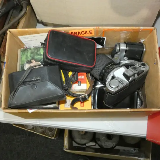 BOX LOT ASST. CAMERAS ETC