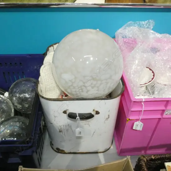 VINTAGE ENAMEL BREAD BIN AF + CUSHION & DECO LIGHTSHADE