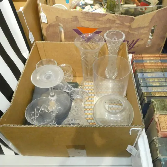 BOX LOT ASST. CRYSTAL & SHEET MUSIC ETC