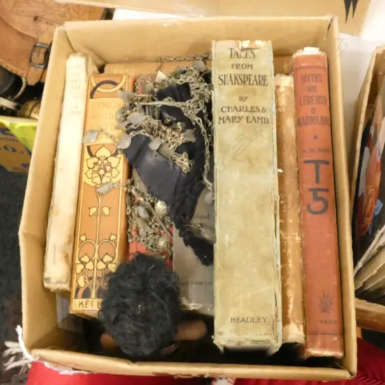 BOX LOT ANTIQUE BOOKS; 'MYTHS AND LEGENDS OF MAORILAND', DOLL ETC