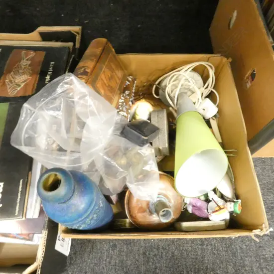 BOX LOT ASST. VINTAGE BOXES, CERAMICS, LAMP ETC