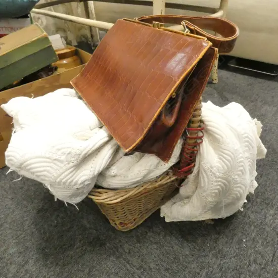 WOVEN BASKET WITH FAUX ALLIGATOR BAG, SCARVES ETC 