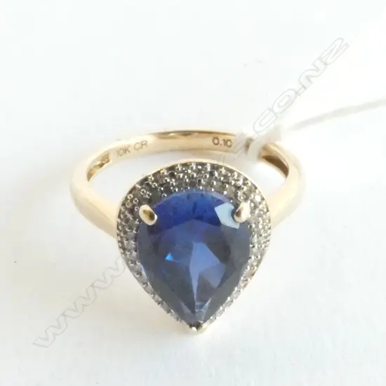 TEARDROP SYNTHETIC SAPPHIRE & NATURAL DIAMOND RING SET IN 10CT GOLD