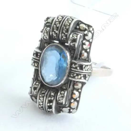 ART DECO MARCASITE & BLUE PASTE RING