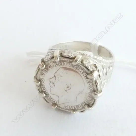 RING, TRENCH ART, ENGLISH 1916 THREENCE SET INTO RING, STERLING SILVER SETTING