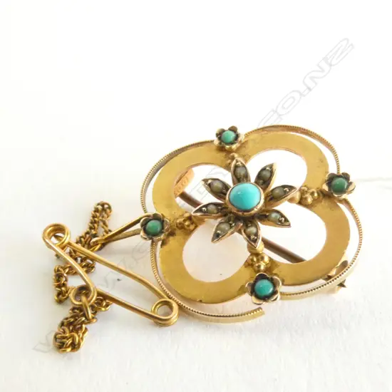 9CT GOLD PEARL/TURQUOISE BROOCH 2.34gm