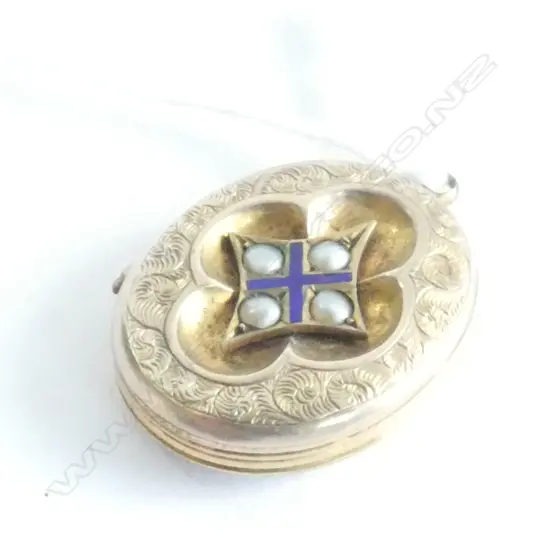 VICTORIAN LOCKET, GOLD PLATED, SEED PEARL AND ENAMELLED