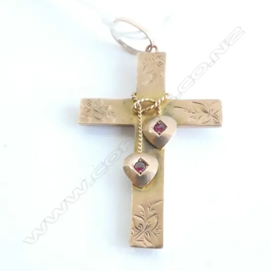 9ct GOLD CROSS WITH 2 RUBIES, 3gm, 45 mm HIGH