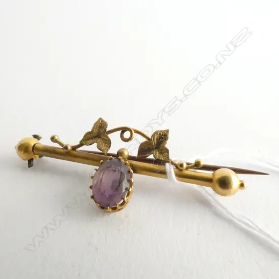 AMETHYST & 9CT GOLD BROOCH BIRMINGHAM 1876