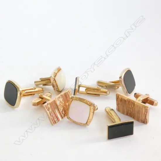 FOUR PAIR MEN'S CUFFLINKS; GOLD PLATED; 2 X ONYX & MOP