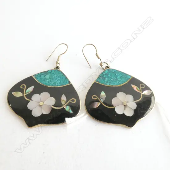 EARRINGS, ENAMEL AND INLAY ON SILVER, APPROX 40mm WIDE